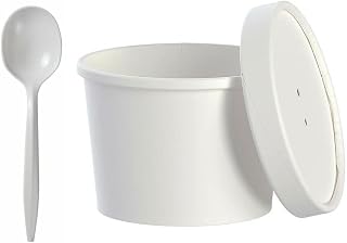 AMZ Empire 12 Oz Disposable Paper Cups with Lids and Spoons/50 Sets/Combo Pack For Soup Dessert Granola Ice Cream Yogurt/12 Ounce Paper Bowls for Hot or Cold Food/Home, Everyday Use, Catering