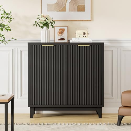 Fluted Cabinet with Storage, 2 Doors Sideboard Buffet, Mid Century Modern Accent Cabinet with Adjustable Shelves, Multifunctional Console Table with Storage for Living Room, Kitchen, Entryway