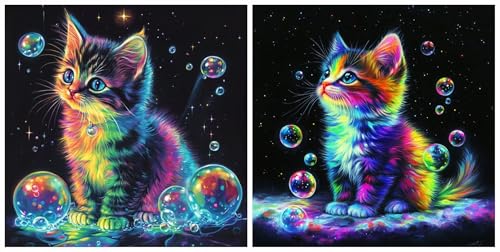 Peinture diamant chat 5D en lot de 2 grand format 90x90 cm pour déco créative