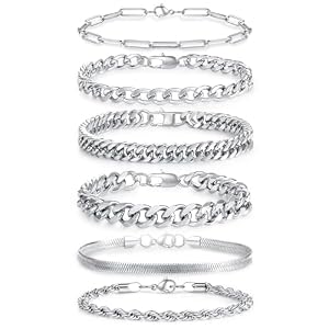 DUQGUHO 6Pcs Stainless Steel Bracelets for Men Cuban Link Rope Paperclip Chain Bracelets Set 7.5/8.3/9 inches Mens Silver Bracelet Jewelry