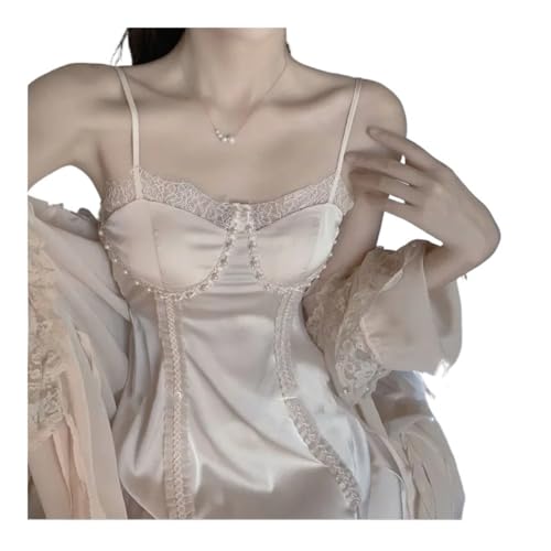 Female Long 2PCS Nighty&Robe Sleepwear Set Sexy Long Lace Trim Bathrobe Gown Suspender Nightdress Summer Loose Satin Home Wear(Champagne Pink Set,XL)2