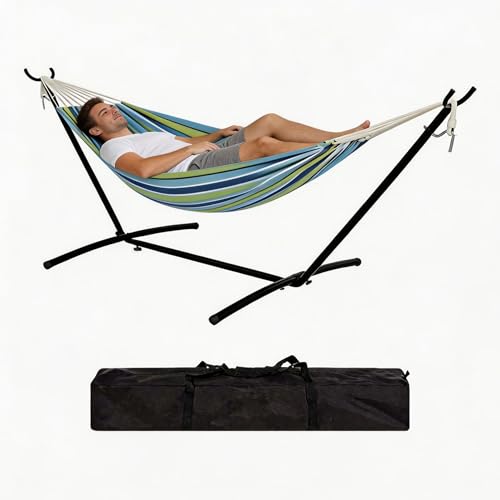 Acekool Hängematte Mit Gestell, 200 kg Belastbarkeit, XXL, Innen Und Außen Geeignet, Garten, Balkon Und Pool, Inkl. Kissen Und Tragetasche