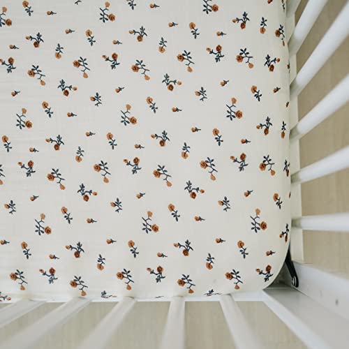 Image of Cream Floral Muslin Crib Sheet by Mebie Baby, Soft and Breathable Bed Sheets for Babies, Modern Neutral Bedding for Cribs, Standard Crib Mattress Fitted Sheet, Great for Boy or Girl Room or Nursery