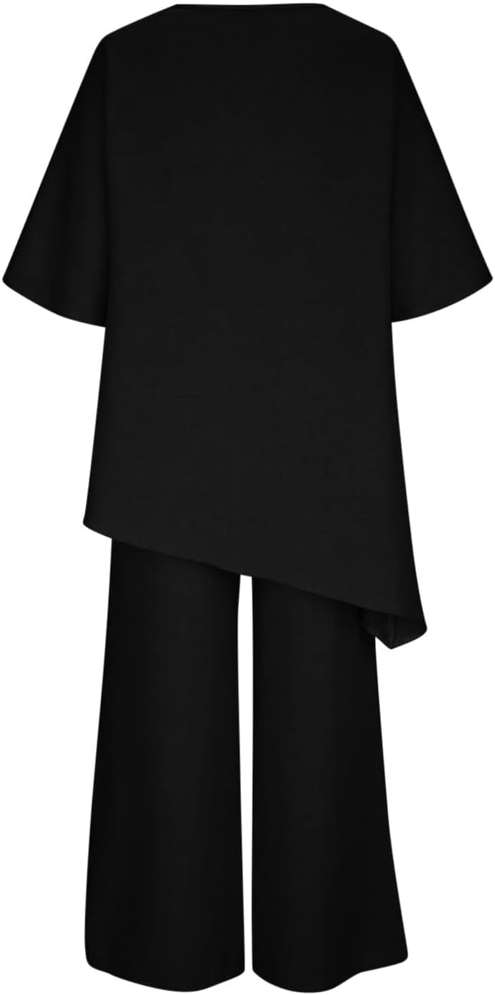 Summer Outfits for Women Trendy Cotton Linen Set High Low Asymmetrical Irregular Hem Half Sleeve Tops Wide Leg Pants