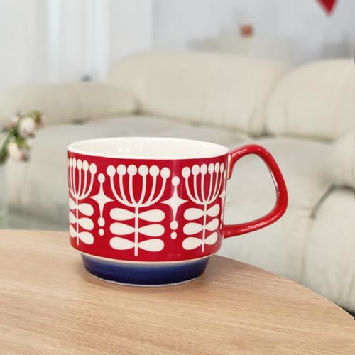 Image of Spooky Japanese Retro Ceramic Coffee Mug - 300ml Printed Stackable Cup with Handle - Creative Ins-Style Ear-Hanging Design for Milk, Tea & Espresso - Ideal Gift for Couples, Home or Cafe (Full Red)