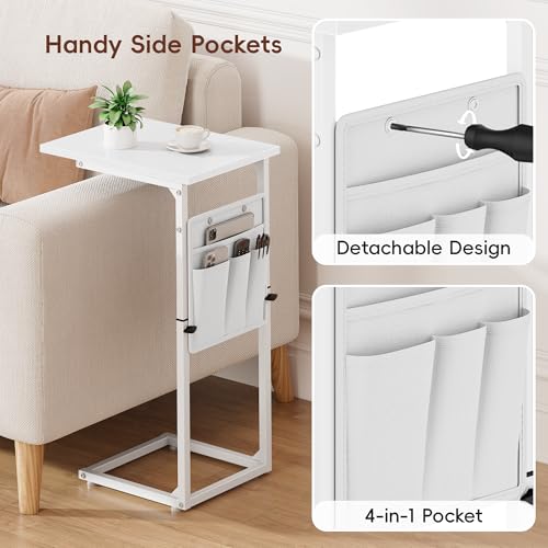 Vagusicc C Shaped End Table, 33\" Tall Side Table for Couch, Adjustable Height Recliner Table Small Couch Side Tables, Sofa Tables Slide Under Sofa TV Tray Arm C Table for Living Room, Bedroom, White - Thumbnail 6