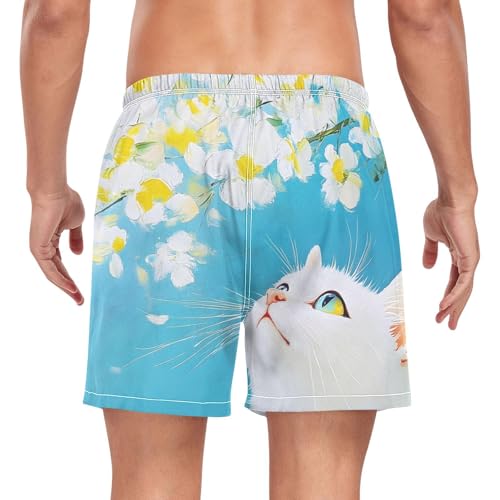 Fall Cat Yellow Florals Mens Swim Trunks with Liner, Cool Quick Dry Beach Swim Shorts, Swimwear Bathing Suits S2