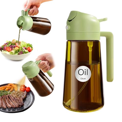 Image of YARRAMATE 16oz /470ml 2 in 1 Oil Sprayer for Cooking with Stickers, Dark Amber Food-Grade Olive Oil Dispenser Bottle for Kitchen, Air Fryer, Grill - Light Blockage (Green)