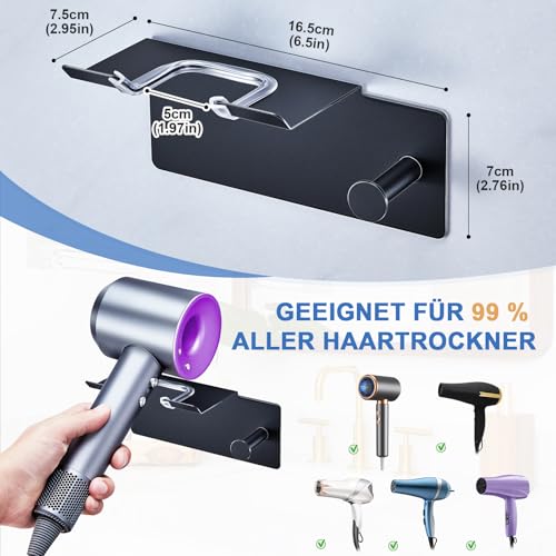 Föhnhalter Ohne Bohren, Fön Halterung, Fönhalter Wand Ohne Bohren Metall, Selbstklebend Haartrocknerhalter, Föhnhalter Wandhalterung, Fönhalterung für Bad Schlafzimmer Barbershop Hotel (Schwarz)