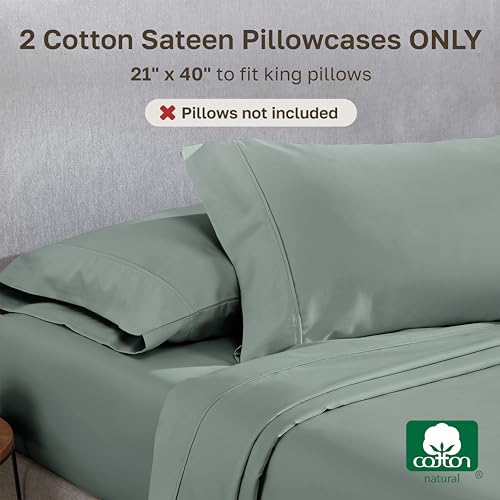 Image of California Design Den King Size Pillowcase Set - 400 Thread Count, 100% Cotton Sateen, Set of 2 Pillow Covers, Soft and Breathable - Sage Green