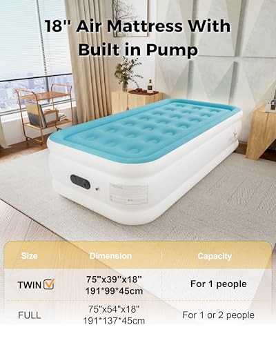 Image of Twin Air Mattress with Built in Pump, Single Blow up Air Bed with Portable Storage Bag, Suitable for Home and Guests, Top Flocking, 18 inch Twin Sky Blue