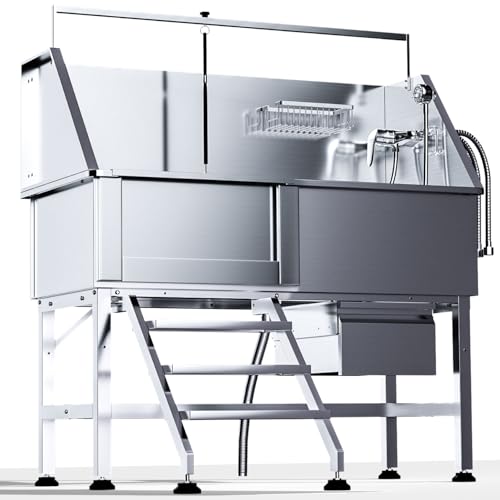 Image of 46 inch Dog Washing Station, Professional Stainless Steel Dog Bathtub w /Ramp & Storage Drawer, Adjustable Grate, Non-Slip Design, Perfect for Home Grooming & Large Dogs (46 inch Left Stair)
