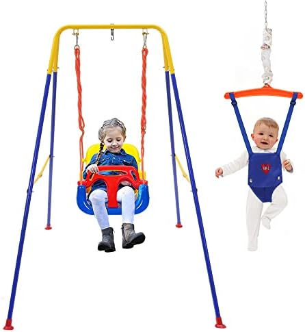 3-in-1 Swing Set for Toddler & Baby, Baby Swing Indoor/Outdoor Play, Baby Swing& Bouncer Foldable Metal Stand Easy to Assemble and Store.
