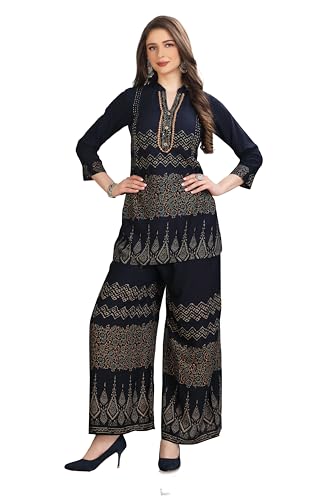 ladyline Women’s Printed Rayon Kurti Palazzo Co-ord Set | 2-Piece Tunic Top with Hand work & Sequins + Extra Wide Palazzo Pants | Ethnic Indian Wear for Party wear (RPEKP TWMER) (40/ Navy Blue)