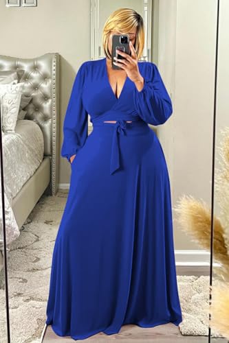 Image of Plus Size Women's 2 Piece Outfits Casual Long Sleeve Wrap Crop Top Maxi Long Dress Flowy Matching Sets