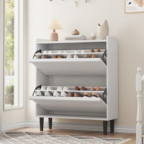Garvee GarveeHome Shoe Cabinet with 2 Flip Drawers, Wooden Shoe Organizer with Adjustable Shelf, Shoe Storage for Entryway, Hidden Shoe Cabinet for Hallway, Living Room, White White 2-Drawers