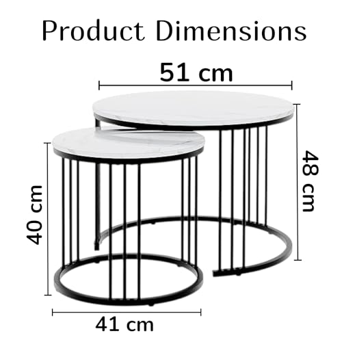 Image of Modern Nesting Table Set of 2 - Round Coffee Table with Engineered Wood Top & Metal Frame, Side Tables for Living Room, Bedroom & Lounge (Black & White)
