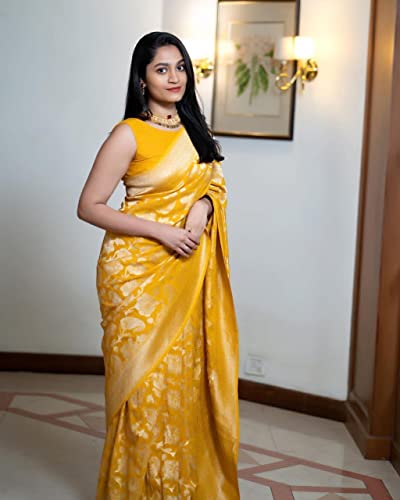 Image of Flosive Women's Present Banarasi Soft Lichi Silk Saree Beautiful Jacquard Rich Pallu Design Work Zari Woven Kanjivaram Silk Style Saree With Soft Lichi Silk Blouse Piece (Yellow).