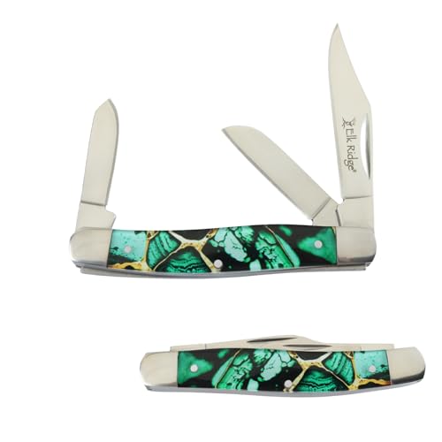 Elk Ridge Collection Every Day Carry 3 Blade Smooth Non-Slippery Handle Trapper Folding Pocket Knife (Dark Green)