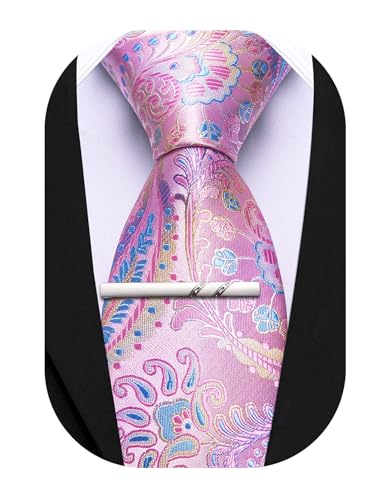 Image of Barry.Wang Paisley Tie for Men Silk Woven Necktie and Tie Clip Set Wedding Party Business Formal