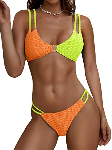 ZAFUL Womens Two Piece Ribbed O Ring Bikini Set Honeycomb Textured Swimsuit Low Waisted Colorblock Bathing Suit