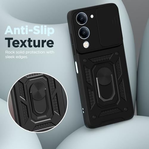 Image of Outlouders Back Cover for Vivo T4 Lite 5G / iQOO Z10 Lite 5G / Vivo Y04 4G / Vivo Y19 5G | D10 Tough Armor 360 Protection Case with Sliding Camera Shield & Ring Holder Stand Bumper Case (Black)