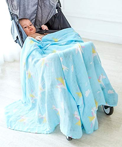 Image of Kassy Pop Printed 6 Layer Bamboo Muslin Blanket Cum Swaddling Towel for Baby, Toddlers | 70% Bamboo, 30% Cotton | AC Quilt, Multi-Purpose Blanket | Toxin Free | 110cm x 110cm (Bluw Unicorn Print)