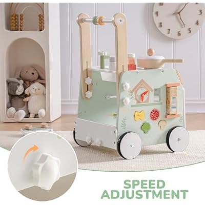 ROBOTIME Baby Walker Push Toy, Adjustable Height & Speed, Prevents Bow Legs, Spring Garden Activity Center with Clock, Shape Sorter, Play Kitchen, and Sink, Ideal Toddler Walking Toy for 10+ Months