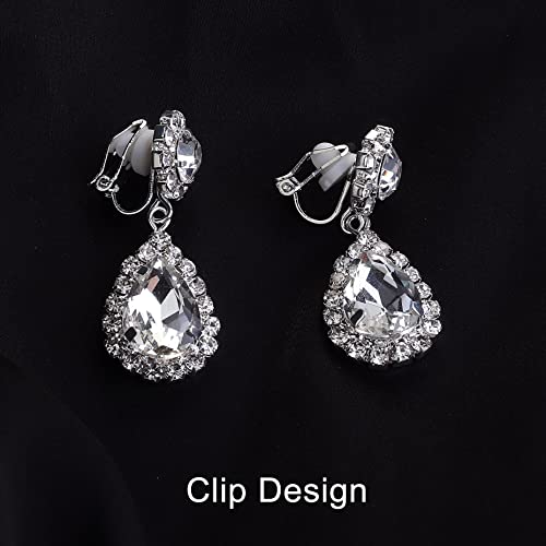 Fibo Steel Clip On Wedding Jewelry For Bride Bridesmaid Clip Teardrop Pendant Earrings Crystal Rhinestone Tennis Necklace Bracelets Jewelry Set For Women Party Wedding Prom thumb #1