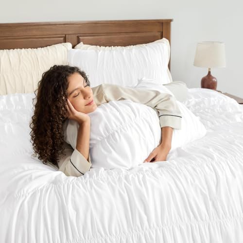 Image of Andency Ruched White California King Comforter Set, Boho Ruffle 3 Pieces