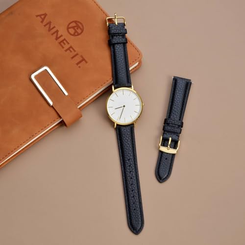 Image of ANNEFIT Watch Band 14mm, Quick Release Textured Padded Leather Straps with Gold Buckle for Men and Women (Black)