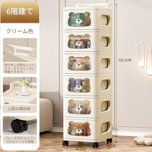 Zekono 子ども用チェスト キャスター付き収納チェスト おもちゃ 子供服 衣類収納ケース 大容量 引き出し付き 透明窓付き 引き出し式 ストッパー付き 取り外し可能ハンドル PP素材 ベビー用品収納 リビング用 寝室用 分類収納 組立簡単 (6段式【トロリー型】クマ収納棚) [3]