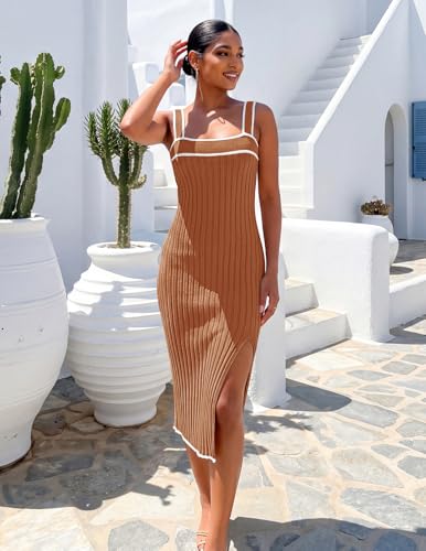 Image of MEROKEETY Womens Summer Striped Bodycon Ribbed Knit Midi Sweater Dress 2026 | Sleeveless Long Tank Dress, Soft, Stretchable, Maternity, Baby Shower, Gender Reveal, Bump Friendly, Beach, Vacation Outfit