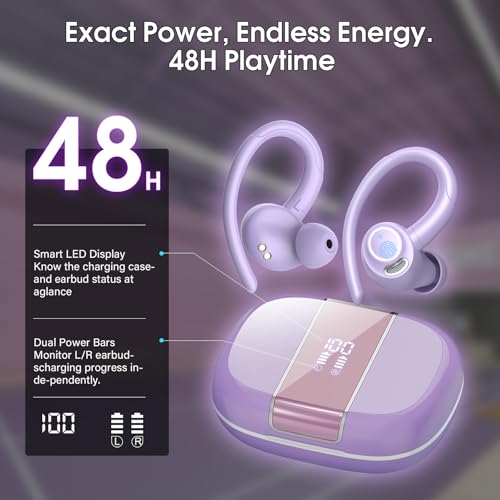 Image of Wireless Earbuds Bluetooth 5.3 Headphones Sports, 48H Earphone with ENC Mic, Stereo Deep Bass Bluetooth Earbuds with Secure Earhooks, LED Display, IPX7 Waterproof Over Ear Buds for Running /Gym Purple