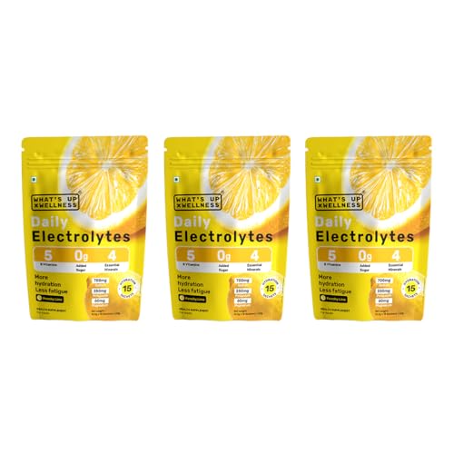 Image of What's Up Wellness Daily Electrolytes Powder - Punchy Lime Flavour | Zero Added Sugar | Instant Hydration - Sodium, Potassium, Magnesium & Zinc | Vegan - 45 Sachets | Pack of 3