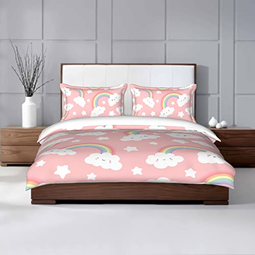 Damngud Colorful Rainbow Bedding Set Cute Rainbow Pattern Duvet Cover Twin Size, Cartoon Rainbow Clouds Decor Comforter Cover Soft Microfiber Bedspreads Quilt Cover With Zipper,2 Pillow Shams #TOP3