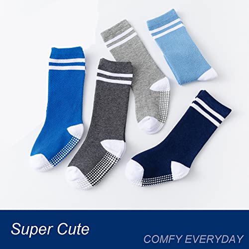 Epeius Baby Knee High Socks With Non-Slip Grip Toddller Girls Athletic Stripe Team Tube Socks For Soccer, Basketball, Baseball 5 Pairs Pack,Charcoal/Red/Navy/Blue/Green,12-36 Months #TOP5
