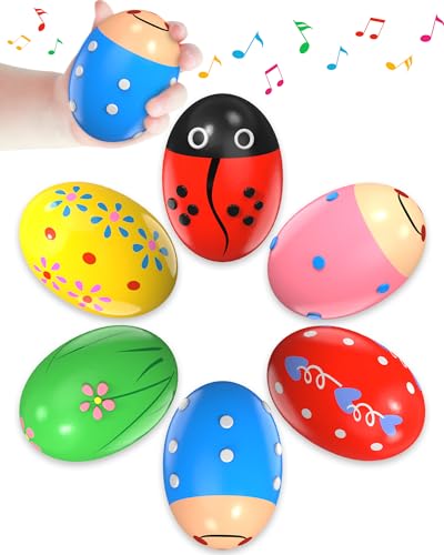 6 Pack Wooden Percussion Musical Shaker Prefilled Easter Eggs with Toys Inside Filled, Kids Easter Basket Stuffers Egg Fillers Montessori Toys Gifts for Kids Boys Girls Babies