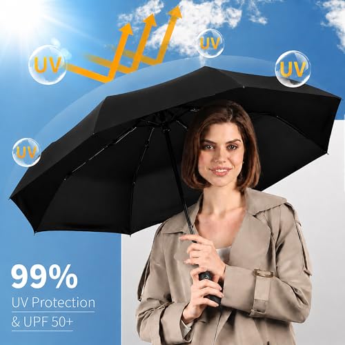 Image of AYSIS UV Umbrella with Novelty Clip Handle, Travel Umbrellas for Rain and Sun Windproof Compact, Automatic Open Close, 8 Ribs, Portable Umbrella for Men and Women