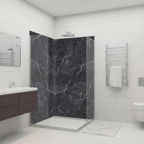 Dedeco 2x Premium Bad Duschrückwand mit Motiv: Marmor V7, 90x200cm, wasserfest, hochwertig fugenlose Wandverkleidung aus 3mm-Alu-Verbundplatte, Fliesenersatz ohne Bohren, Made in Germany
