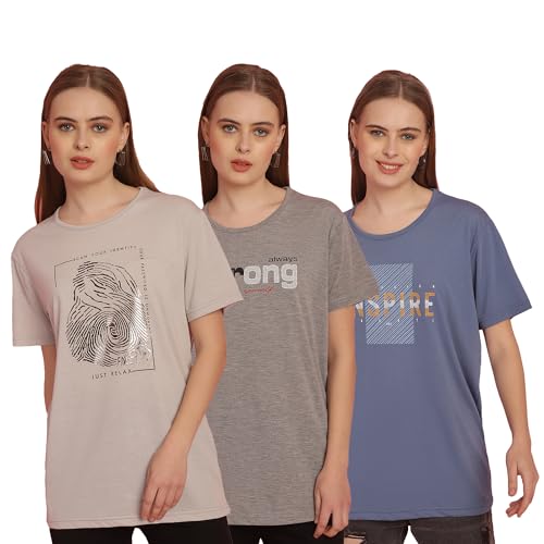 Image of Mack Jonney Printed Round Neck Cotton Regular Fit Half Sleeves Tshirt for Women(Pack of 3)-MACK631327