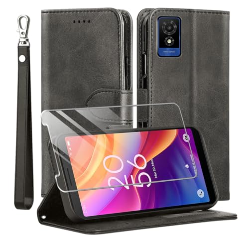 MQERYBV Case for TCL 501 4G with Screen Protector, Flip Magnetic PU Leather Case, TPU Book Flip Case, Card Slot Stand Cover, Magnetic Closure, Black.