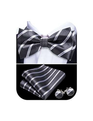 Image of Barry.Wang Paisley Striped Bow Tie for Men Silk Pre-Tied Bowtie Pocket Square Cufflinks Set Formal Wedding Party Prom