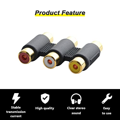 DKARDU 3-RCA Female to Female Coupler Adapter, Audio Video Jacks to Jacks Barrel Connector for Speaker,RCA Cable, Amplifier-Red/Yellow/White (6 Pack)