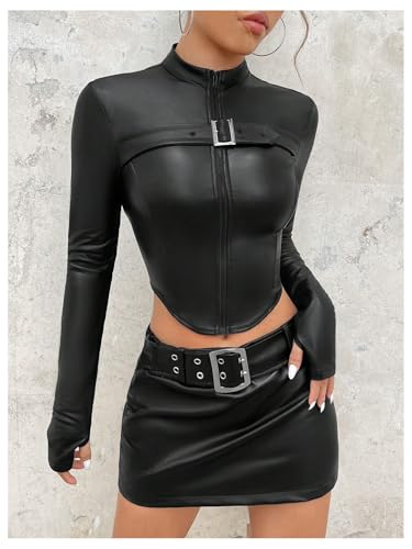 MakeMeChic Women's PU Leather Mock Neck Zipper Outerwear Long Sleeve Asymmetrical Crop Y2K Jacket3