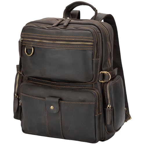 Leather Backpack for Men 15.6" Laptop Backpack 100% Madagascar top-Grain Leather Backpack Dark Brown Large Size
