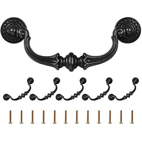 Supkiir 6 Pack Drawer Pulls Handles, 5.5" Hole Center Vintage Antique Black Kitchen Cabinet Knobs Drop Bail Pulls Handles 6.7" Total Length Cover