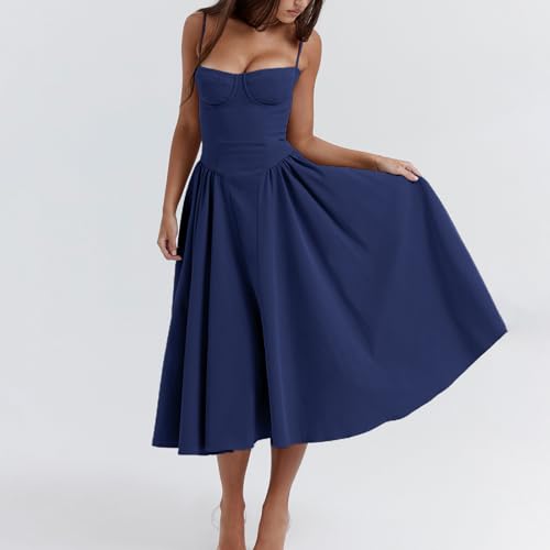 Women's Corset Dress Vintage Spaghetti Strap A-Line Midi Elegant Bustier Cocktail Party Evening Tea Dresses Pocket4