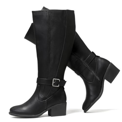 Image of Luoika Women's Extra Wide Calf Heeled Knee High Boots. | Wide Width, Winter Boots, Block Heel, Adjustable Buckle, Round toe