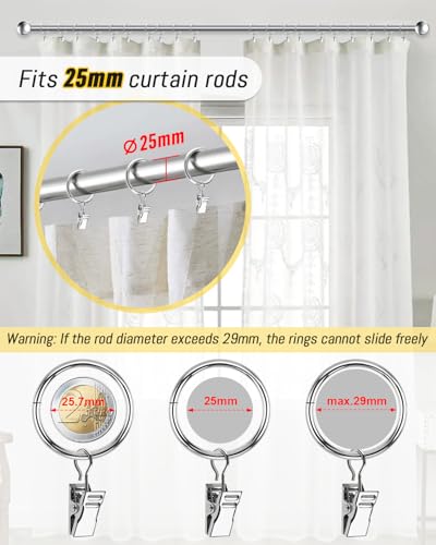 Caianwin 25 Stück Vorhangringe Metall Gardinenringe mit Clips 32mm Innendurchmesser Curtain Rings für Stange Fenster Tür Duschvorhang Wäscheleine(Silber)
